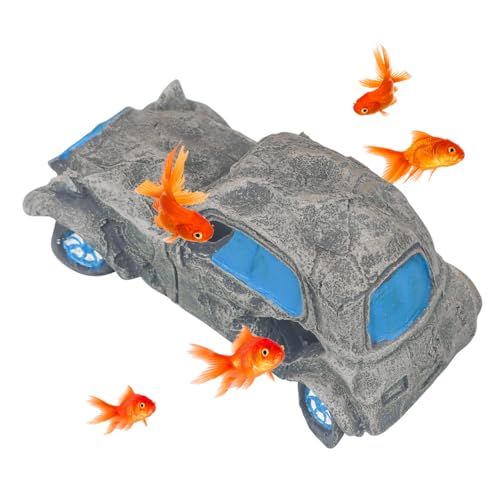 Aquarium Decorations, Aquarium Decorations for Fish Tank - Realistic Resin Rock Cave Hideouts, Safe Fish Tank Ornaments with Natural Design for Betta, Goldfish, Shrimp - Easy to Clean (car) - style: car