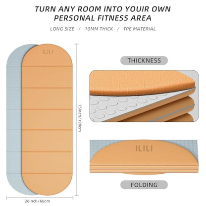 ILILI Foldable Yoga Mat, 10mm Thick, 75x26 Inch Extra Long, Exercise Mat - color: Warm Orange+White Grey