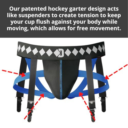 3-in-1 Hockey Garter Belt System - Complete with Athletic Cup, Garter, and Jock - Shift-Proof Groin Protection for Hockey Players & Goalies - size: Large