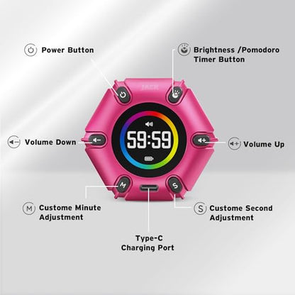 Smart FILP Pomodoro Timer 3/5/10/25/30/60min Preset, Silent & Sound Alarm | Productivity Cube timer, Visual Timer for Office, ADHD, Study, Work, Magnetic Timer with Flip Custom Countdown - Hot Pink - color: Hot Pink