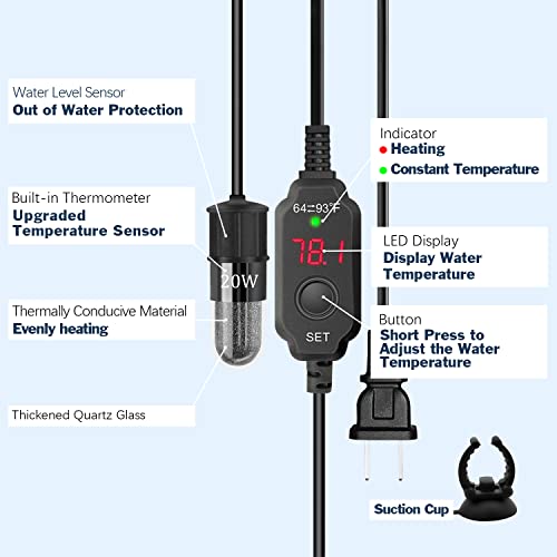 Adjustable Mini Aquarium Heater 0.5/1/2/3 Gallon Submersible Small Fish Tank Heater 10W/20W/30W Digital Display Thermostat External Temperature Controller(20W) - size: 20W