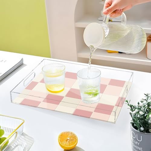 Acrylic Tray Clear Serving Vanity Ottoman Bathroom Coffee Table Countertop Organizer Raised Edge Spill Proof Pink Beige Check Pattern - color: Pink Beige Check Pattern