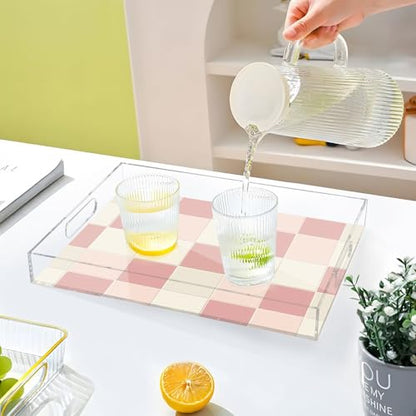 Acrylic Tray Clear Serving Vanity Ottoman Bathroom Coffee Table Countertop Organizer Raised Edge Spill Proof Pink Beige Check Pattern - color: Pink Beige Check Pattern