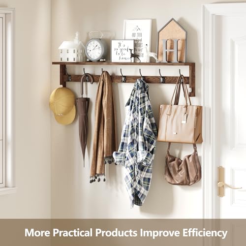 AMBIRD Coat Rack Wall Mount, 35 Inch Extra Long Wall Hooks with Hanging, Wooden Shelf with 7 Metal Hooks 2 Side Hooks, Wall Key Holder with Shelf in Entryway, Kitchen, Bathroom, Living Room, Bedroom - color: Brown, size: 7+2 Hooks 35" L