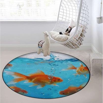 Aquarium Round Office & Gaming Chair Mat, GoldenFish WaterScene Anti-Slip Hardwood & Carpeted Floor Protector,Protect The Floor from Scratches, Orange Gold Blue Diameter 39.4 in
