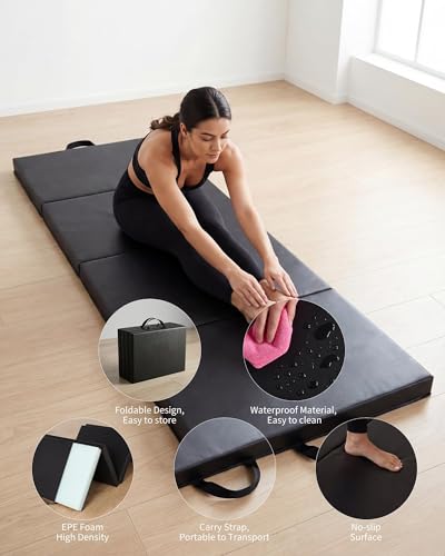 Garvee Gymnastics Mat, 6.2Ft 2-Inch Thick 4-Fold | Exercise Floor Mat for Home Gym, Portable Yoga Mat for Pilates, Aerobics, Martial Arts & Training - size: 6x2ftx2"-black