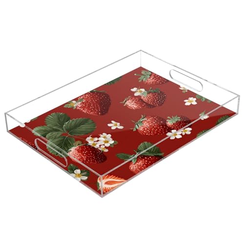Acrylic Tray Clear Serving Vanity Ottoman Bathroom Coffee Table Countertop Organizer Raised Edge Spill Proof Red Strawberries and White Flowers - color: Red Strawberries and White Flowers