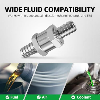 EVIL ENERGY 1/4" 5/16" 3/8" 1/2" Check Valve Set (6mm 8mm 10mm 12mm), 4 Pcs One Way Fuel Check Valve for Fuel, Diesel & Coolant, Silver