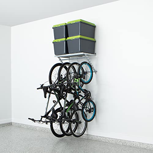 220862 32 Inch Wide Wall Mounted Utility Storage Organization Rack with 4 Bike Hooks and 20 Inch Deep Top Shelf, White