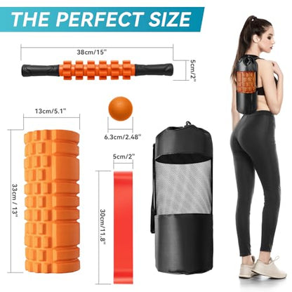 Krightlink 5 in 1 Foam Roller Set Trigger Point Exercise Foam Roller | Deep Tissue Muscle Massage Fitness Foam Roller, Massage Roller, Massage Ball, Stretching Strap, for Whole Body Orange - color: Orange Black