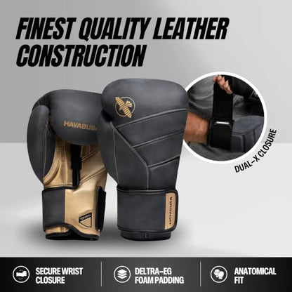Hayabusa T3 LX Leather Boxing Gloves - color: Obsidian/Gold, size: 14oz