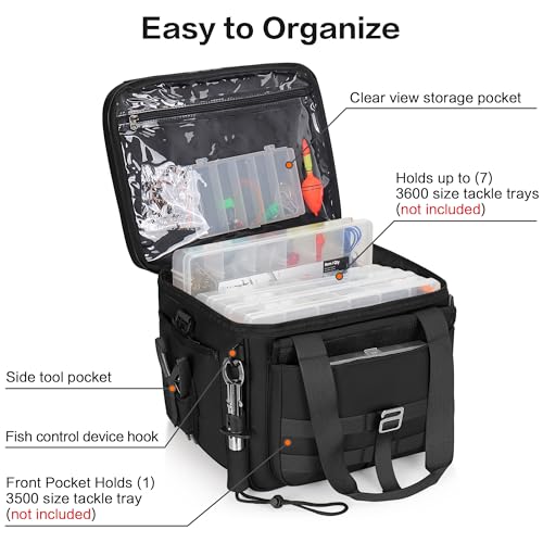 30L Large Fishing Tackle Bag, Waterproof Tackle Box Bag for Saltwater & Freshwater Fishing, Gear and Equipment Storage, Padded Shoulder Strap, Gift for Men, Black