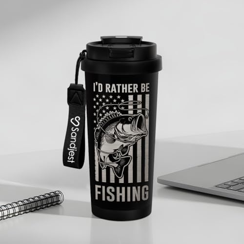 SANDJEST Fishing Tumbler - Stainless Steel 2-in-1 Lid Coffee Tumbler 18 oz, Insulated Travel Mug Gift for Men Husband Dad, Birthday Christmas