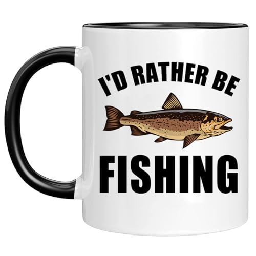 Ceramic Mug Novelty Cup - Funny Gift for Father's Day Fishing Lovers or Men Him Dad Grandpa Fisherman - I'D Rather Be Fishing - 11 oz Coffee Mug White and black Tea Cup