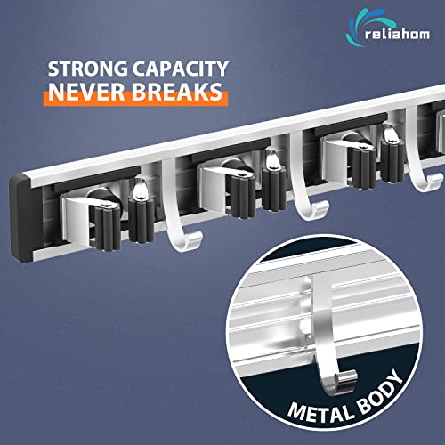 reliahom Broom Holder Wall Mount Mop Hanger Tools organizer 5Racks4Hooks,2P | Adjustable Mop Broom Wall Hanging Heavy Duty Tools Storage Rack Space-saving for Garage,Kitchen,Laundry Room,Garden, Black - color: Black
