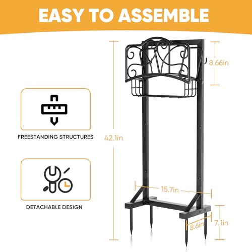 Heavy-Duty Garden Hose Holder with Storage Basket and Tool Hooks, Stable Hose Hanger Metal Garden Hose Storage Holds 160Ft, Rustproof Freestanding Water Hose Holder for Outside,Yard,Lawn,Farm - size: Holder+Basket 42.1in