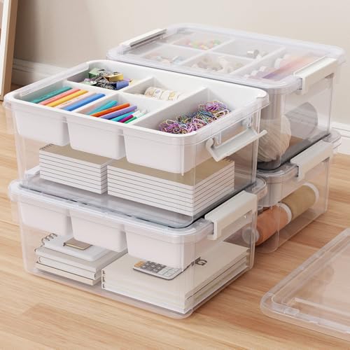 80Qt Stackable Storage Bins with Lids & Trays, Clear Plastic Latching Boxes Organizers with Dividers Portable 20Gal Containers for Arts & Crafts, Home and Car Trunk Organization, 4Pack - color: Clear White, size: 20QT-4Pack