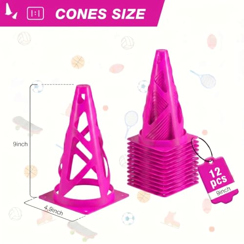 12 Pack Soccer Cones, 9 Inch Agility Cones for Soccer, Football, Basketball, Cones for Sports Training, Speed & Agility Drills, Field Marking Equipment - color: pink