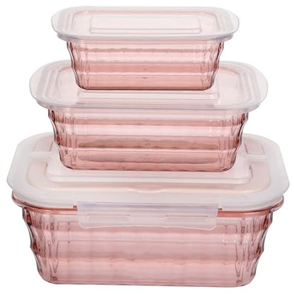 Set of 3 Food Storage Containers with Lids & Handle, BPA Free Plastic Meal Prep & Salad Bowl Containers To Go for Lunch, Salad Serving Bowls for Snack, Fruit, Veggie, Pink