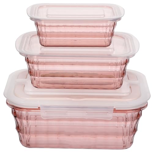 Set of 3 Food Storage Containers with Lids & Handle, BPA Free Plastic Meal Prep & Salad Bowl Containers To Go for Lunch, Salad Serving Bowls for Snack, Fruit, Veggie, Pink