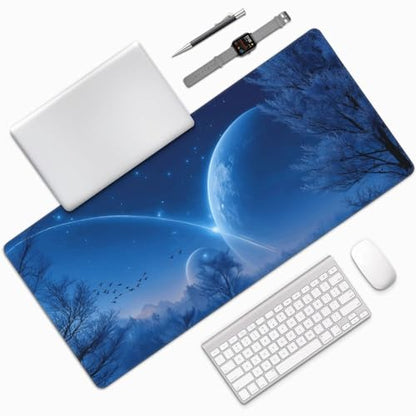 XXL Gaming Mouse Pad 35.4 x 15.7 Inch, Large Desk Mousepad with Blue Meteor Design, Water-Resistant, Stitched Edges, Non-Slip Rubber Base Desk Mat - color: Blue Meteor