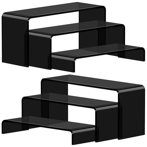 Acrylic Display Risers, 2 Set(7.8"L~8.2"L~8.6"L) Display Shelf for Figure, Collectibles, Cupcake, Black Acrylic Stands for Dessert, Jewelry, Candy Showcase, 3 Tier Action Figure Stand Holder - color: Black, size: 6 Pcs