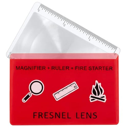 Frienda 50 Pcs Pocket Magnifying Glass 4X Fresnel Lens Credit Card Pocket Magnifier Plastic Ruler Starting Fire Emergency Bushcraft Outdoor Survival Leisure for Classroom Home Office (Red) - color: Red