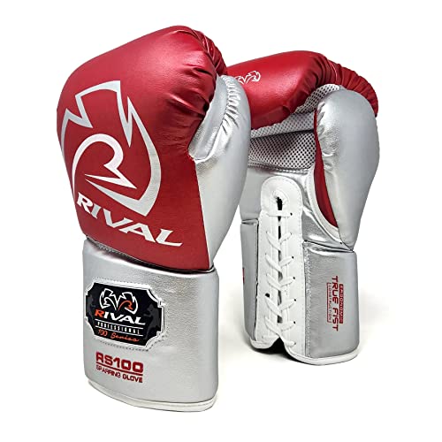 RIVAL Boxing RS100 Professional Lace-Up Sparring Gloves, Handcrafted with Super-Rich Microfiber PU, Ergonomically Designed to Perfectly Fit Your Hand - color: Red/Silver, size: 14 oz.