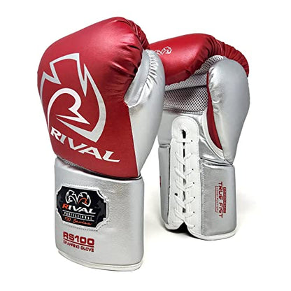 RIVAL Boxing RS100 Professional Lace-Up Sparring Gloves, Handcrafted with Super-Rich Microfiber PU, Ergonomically Designed to Perfectly Fit Your Hand - color: Red/Silver, size: 14 oz.