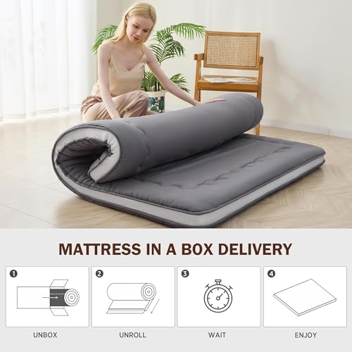 Japanese Floor Mattress, Thicken 4" Japanese Futon Mattress, Foldable & Portable Shiki Futon (shikibuton), Roll Up Thicken Sleeping Tatami Mat Sleeping Pad for Camping (Grey, 39 x 80)