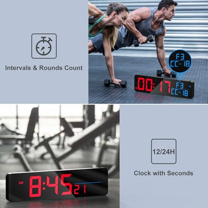 ANJANK 15" Large Gym Timer, LED Digital Wall Clock with Seconds, Timing for Workout, Interval & Rounds, Countdown/Up/Stopwatch/12-Level Volume, Remote Control for Home, Garage, Gym, Crossfit, Fitness - color: Blue + Red2