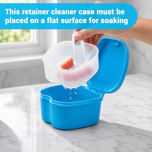 Dental Orthodontic Retainer Case Cleaning with Strainer Basket, Denture Bath Box Soaking Cup Mouthguard Storage Holder - Blue - color: Blue