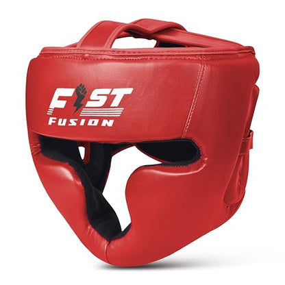 Boxing Head Guard, Maya Hide Leather Headgear Protection Adjustable Kickboxing Muay Thai MMA Training Taekwondo - color: Red, size: Small-Medium