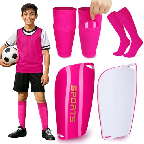 XZQTIVE Soccer Shin Guards with Shin Sleeves and Soccer Socks, Football Shin Pads Set for Kids Youth and Adult - color: pink, size: M(KIds,8-12 years)