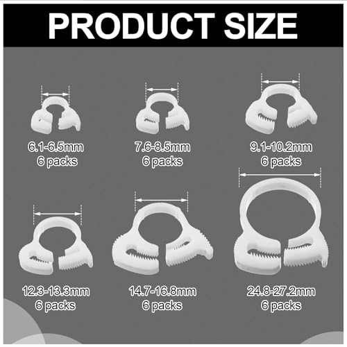 36 Pcs 6 Size Aquarium Nylon Hose Clamps Set 6.1-27.2 mm White Plastic Snap Ratcheting Hose Clamps Assortment Kit for Standard Aquarium Heater Tubing Fish Tank Plant
