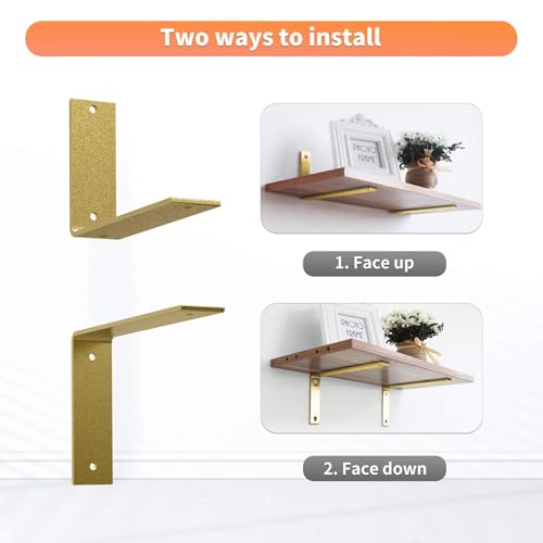Gold Shelf Brackets 6 Inch, Rustic Iron L Shelf Bracket,Heavy Duty Industrial Shelf Bracket,Gold Metal L Brackets for Shelves Support DIY, 6 Pack
