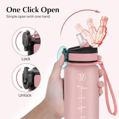 EYQ 32oz Water Bottle with Straw, Time Marker, Blue Purple - color: 9.Rose Pink