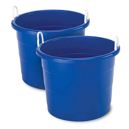 HOMZ 2-Pack Utility Tub, Large Plastic Storage Bucket with Rope Handles, 17 Gallon, Blue - Portable Indoor and Outdoor Buckets for Kitchen, Laundry, Garden, Bathroom, and Garage Organization
