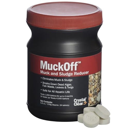 CrystalClear MuckOff, Natural Pond Muck Treatment, Water Garden, Fountain & Bird Bath Sludge Remover, Living Beneficial Bacteria Clarifier with Enzyme, Fish, Aquatic Animal, & Pet Safe, 24 Tablets