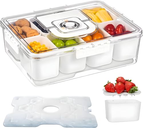 Portable Snackle Box Container with Ice Pack – 8-Compartment Snack Tray with Lid, Divided Serving Tray & Drain Trays, Ideal Charcuterie Snack Cooler for Picnic, Travel & Parties
