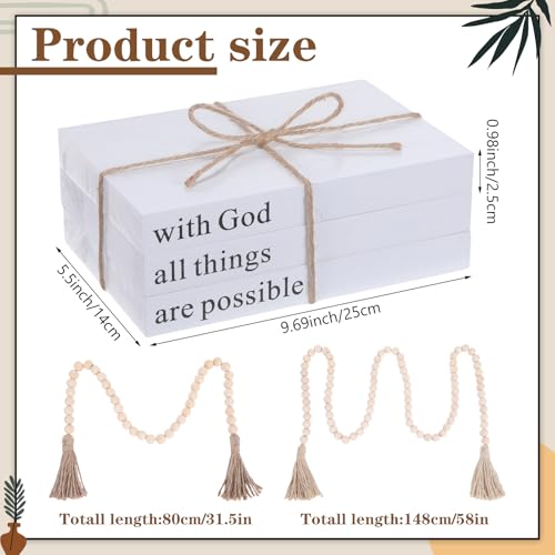 8 Pcs Rustic Vase Centerpieces Set Included Boho Ceramic Vase Decorative Books Wood Bead Garland with Tassels for Farmhouse Table Island Living Room Decor(with God All Things are Possible)