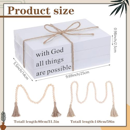 8 Pcs Rustic Vase Centerpieces Set Included Boho Ceramic Vase Decorative Books Wood Bead Garland with Tassels for Farmhouse Table Island Living Room Decor(with God All Things are Possible)
