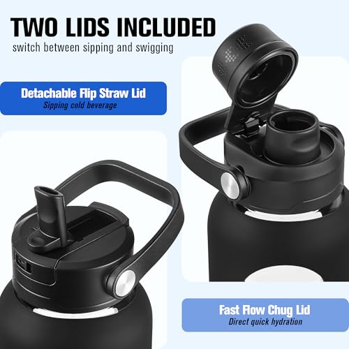 CIVAGO 64 oz Glass Water Bottle Jug with Detachable Straw and Time Maker - color: Black, size: 64 Ounces