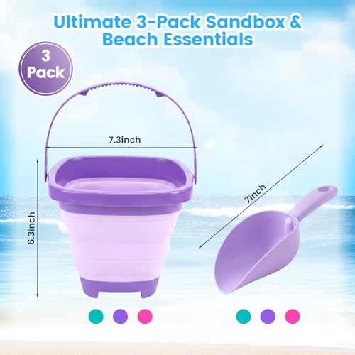 3 PCS Collapsible Bucket Set, Foldable Beach Buckets with Shovels, Travel Sand Toys for Kids Outdoor, Beach Vacation Essentials, Camping Traveling, Fun Summer Activities