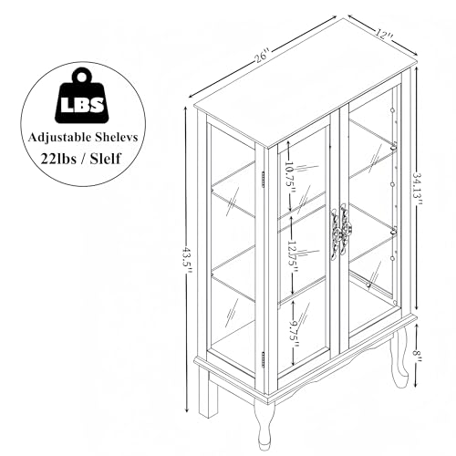 43" H Lighted Curio Cabinet Display Case with Light Bulb, Glass Curio Cabinet with Adjustable Shelves & Tempered Glass Door, Wooden Cabinets w/Mirrored Back Pane for Living Room(Oak)