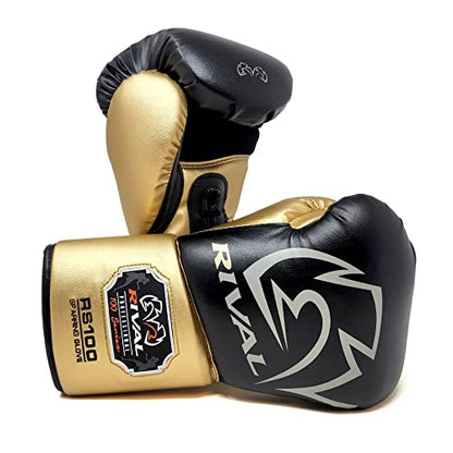RIVAL Boxing RS100 Professional Lace-Up Sparring Gloves, Handcrafted with Super-Rich Microfiber PU, Ergonomically Designed to Perfectly Fit Your Hand - color: Black/Gold, size: 14 oz.