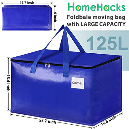 HomeHacks Moving Bags Heavy Duty with Strong Zippers and Handles Collapsible Moving Supplies, Storage Totes for Packing & Moving Storing 125L,10-Pack, Blue