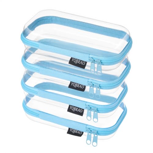 YQBRAO Clear Hard Shell Zipper Cases, 4 Small Cable Organizers, Blue | Rigid 1.2 mm PET and YKK dual zippers for cosmetics, charging cords, pens and travel accessories - color: Blue, size: 4 Pack(S)