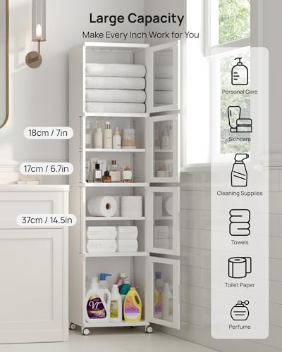 Vtopmart 63.2" Tall Slim Bathroom Storage Cabinet with 4 Adjustable Shelves and 4 Doors, Freestanding Narrow Cabinets Organizer with Wheels and Anti-tip for Laundry, Kitchen, Pantry, White