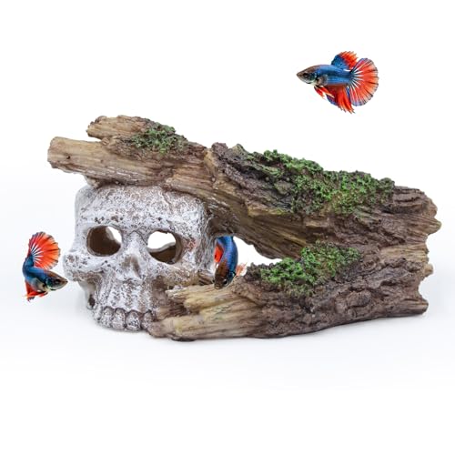 Skull Aquarium Decorations - Resin Fish Tank Rock Cave with Realistic Tree Hole, Hollow Hideout for Betta, Shrimp, Axolotl, Gothic Water Tank Ornament
